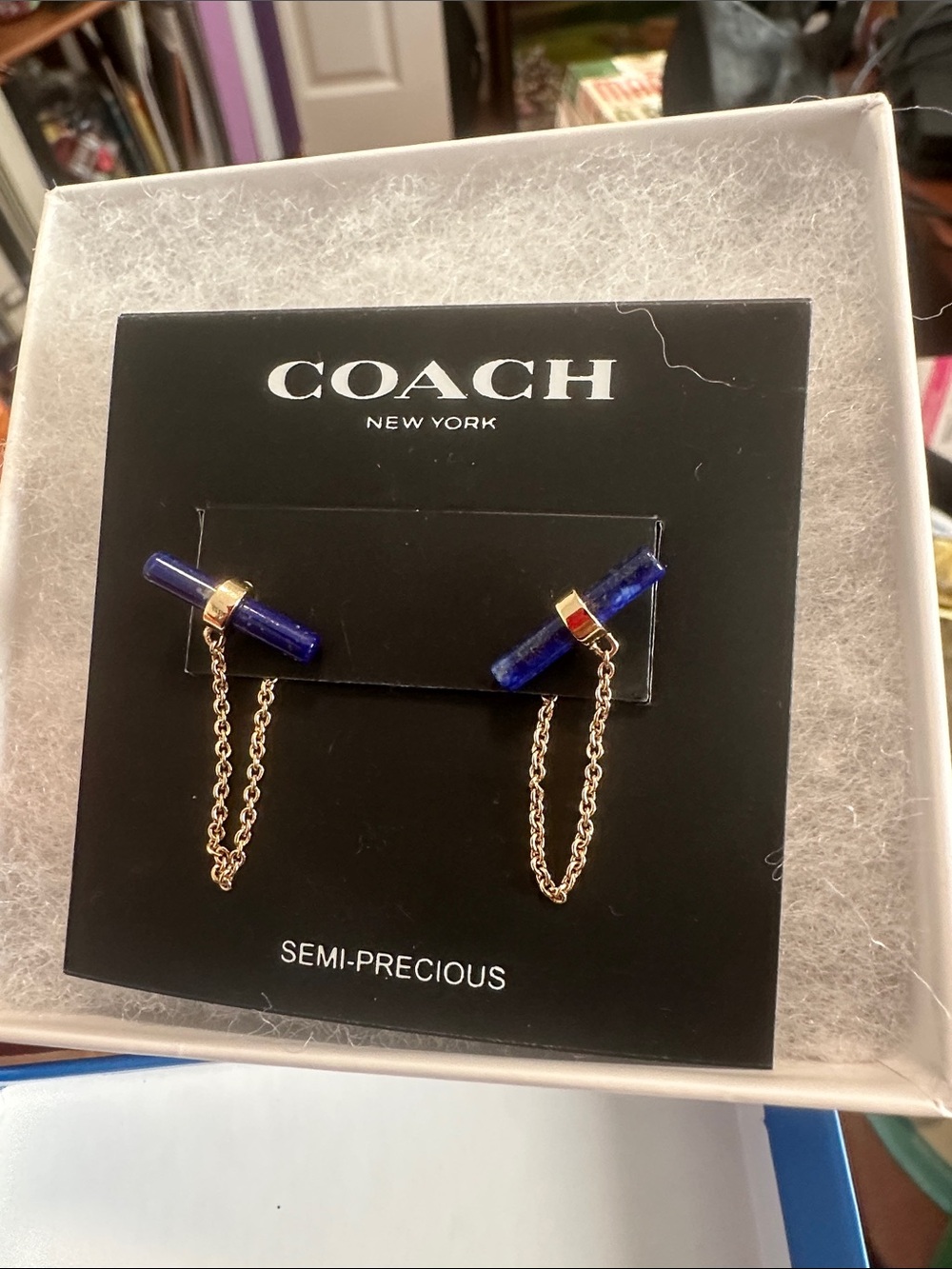 Coach Gold-Tone Chain Earrings with Deep Blue Stone Bars